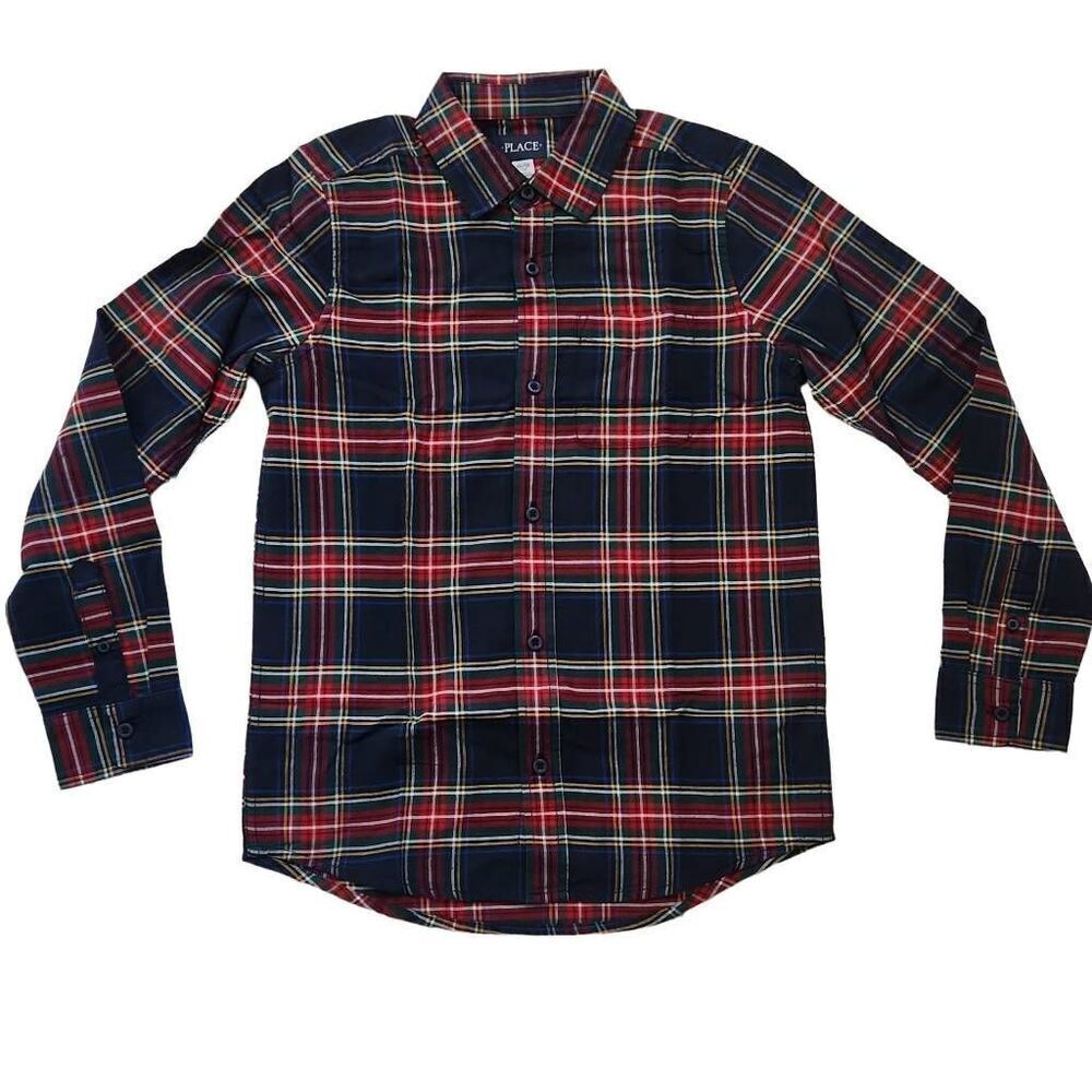 The Children's Place Boys Size 10/12 Red Blue Plain Long Sleeve Button Down Shir